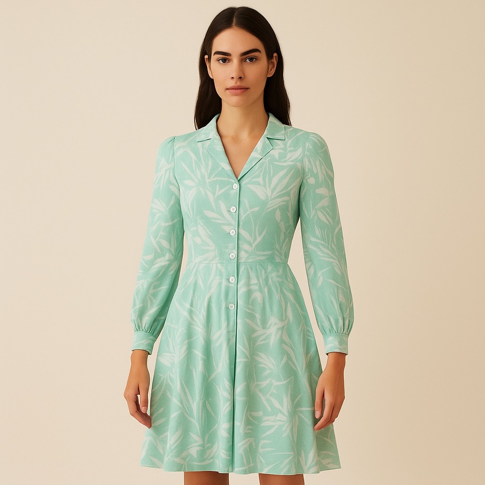 Vintage John Richard of California Green Floral Button Dress Sz S USA